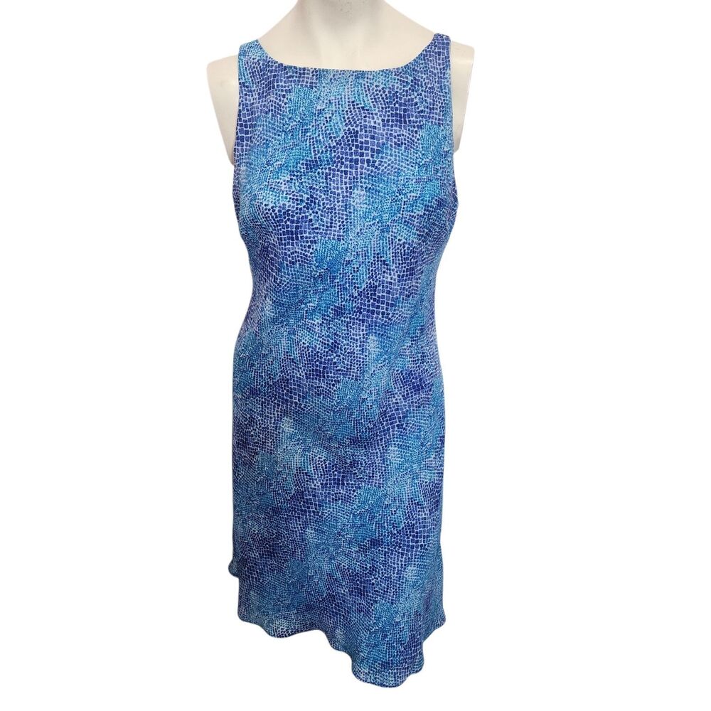 CDC Petites Blue Print Sleeveless‎ Dress Womens 12 Rayon Lined Sheath Midi